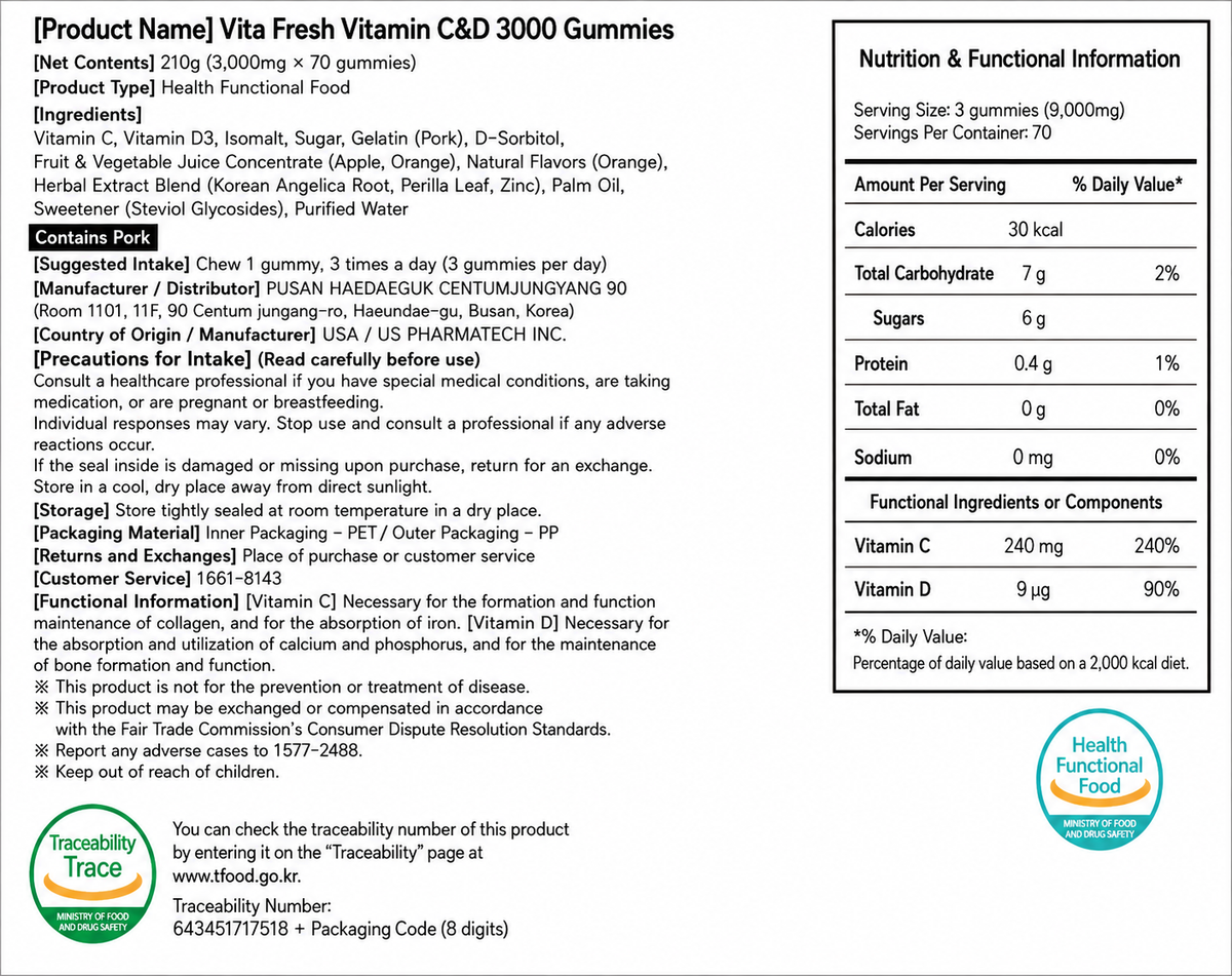 Vita Fresh Vitamin C & D3 Gummies — Immune & Bone Support | 70 Gummies