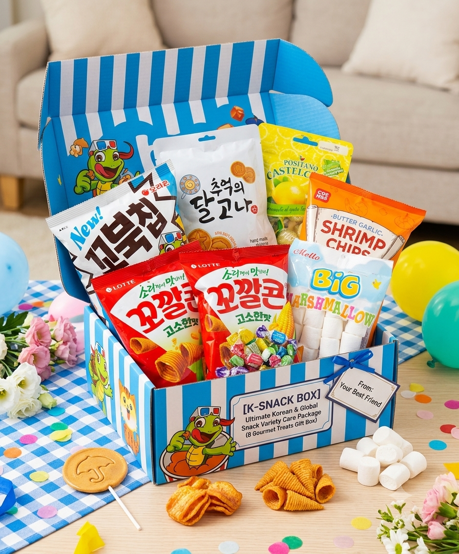 [K-Snack Box] Ultimate Korean & Global Snack Variety Care Package (8 Gourmet Treats Gift Box)
