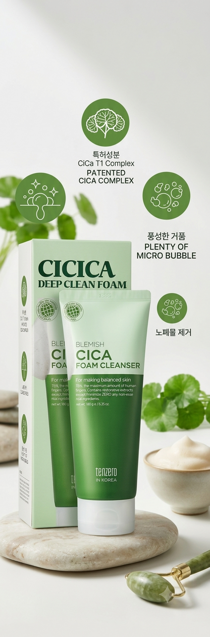 TENZERO Blemish Cica Deep Clean Foam Cleanser 180g / 6.35 oz| K-Beauty Gentle Cleanser
